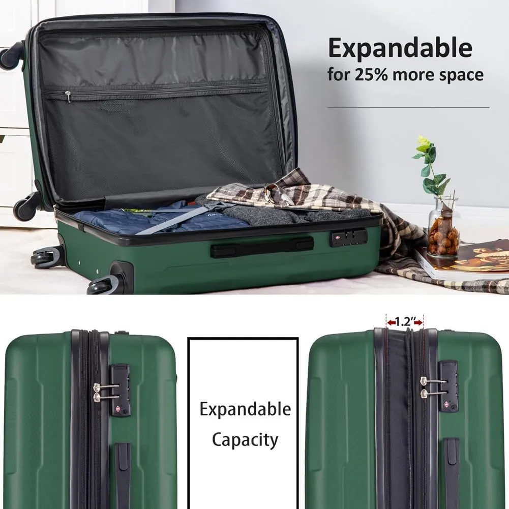 2 Piece Luggage Set, Carry on Luggage Suitcase Sets of 2 with TSA Lock, Expandable ABS Lightweight Suitcase with 360 Degree Spinner Wheels, for Men Women Travel Business Green 20 24