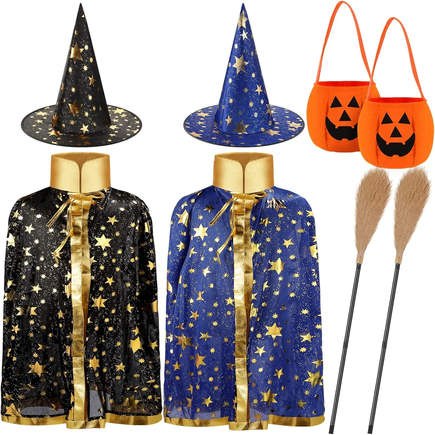 2 Sets Halloween Kids Witch Cloak Cape with Wizard Hat, 2 Sets Witch Broom and Pumpkin Bags Halloween Costume Props for over 6 Years Kids Boys Girls Cosplay Party Accessories