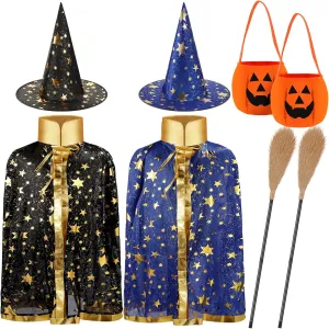 2 Sets Halloween Kids Witch Cloak Cape with Wizard Hat, 2 Sets Witch Broom and Pumpkin Bags Halloween Costume Props for over 6 Years Kids Boys Girls Cosplay Party Accessories