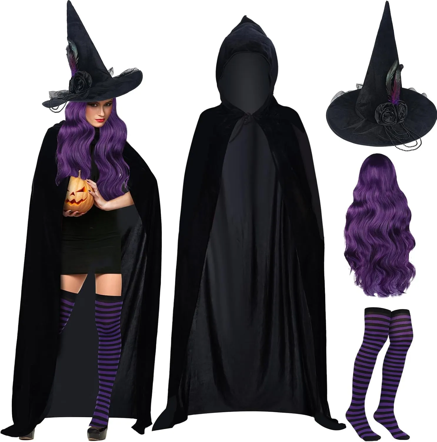 4 Pcs Halloween Witch Costumes Set Hooded Cloak Velvet Cape Black Pointed Witch Hat Dark Purple Cosplay Wig Striped Stockings for Women Girl Cosplay Party Costume Accessory
