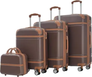 4-Piece Hardshell Luggage Set Lightweight Spinner Suitcases with 20" 24" 28" Sizes and Cosmetic Case, Brown