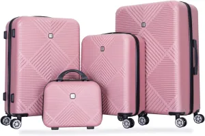 4-Piece Lightweight Luggage Set (14/20/24/28 Inches), ABS Suitcase with 360 Spinner Wheels, Carry-On & Check-In Travel Bags, Pink (Nesting Design for Easy Storage)