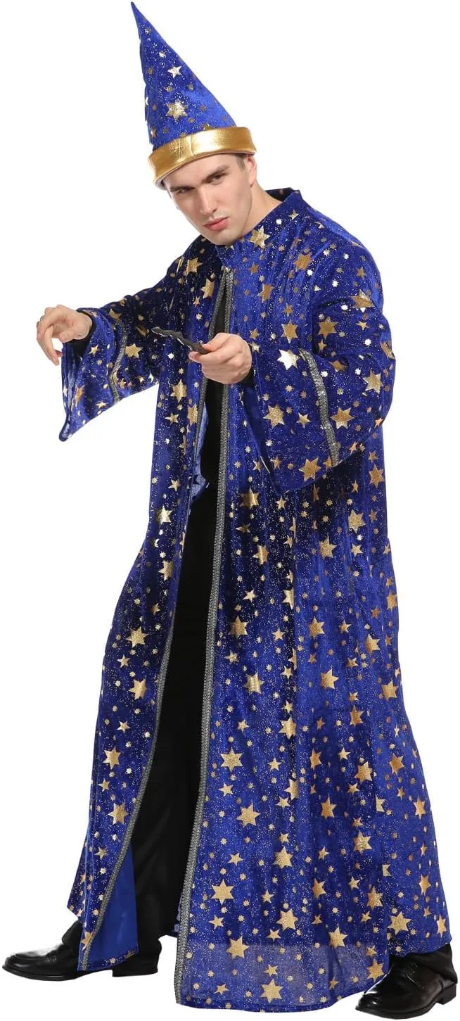 Adults Wizard Costume Wizard Cloak Stars Magician Cape and Hat Witch Cloak