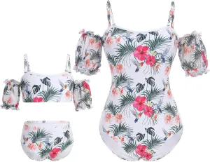 AWIBMK Mommy and Me Swimsuit Color Cute Ruffle Family Matching Swimwear Two Pieces Bikini Bathing Suit Summer Beachwear
