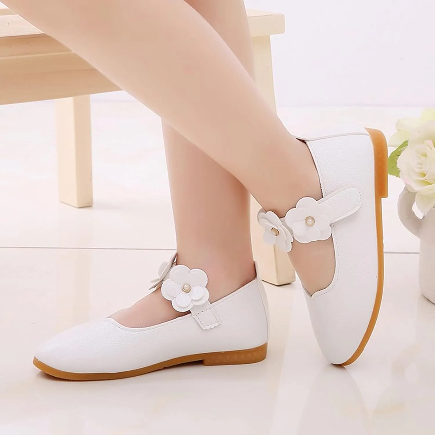 Baby Girls Dress Shoes Closed Toe Wedding Party School Ankle Strap Ballet Flats Shoes Big Kids Flower Girl Shoes