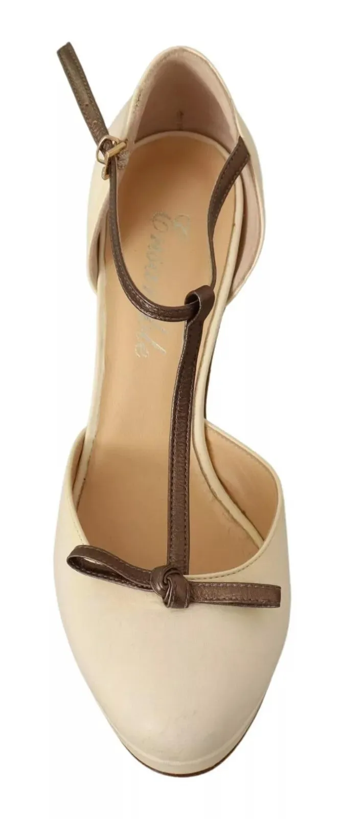 Beige T-Strap Block Heels Pumps Leather Shoes