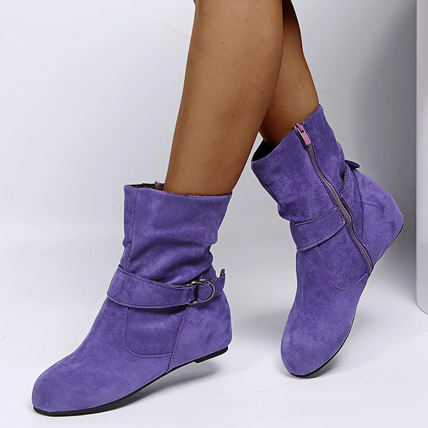 Boots for Women Fashion Buckle Side Zipper Solid Color Womens Boots Chunky Heel Soft PU Leather Ankle Boots