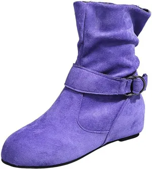 Boots for Women Fashion Buckle Side Zipper Solid Color Womens Boots Chunky Heel Soft PU Leather Ankle Boots