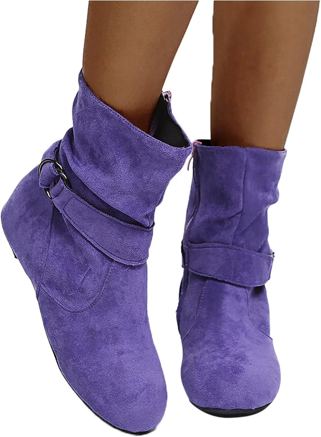 Boots for Women Fashion Buckle Side Zipper Solid Color Womens Boots Chunky Heel Soft PU Leather Ankle Boots