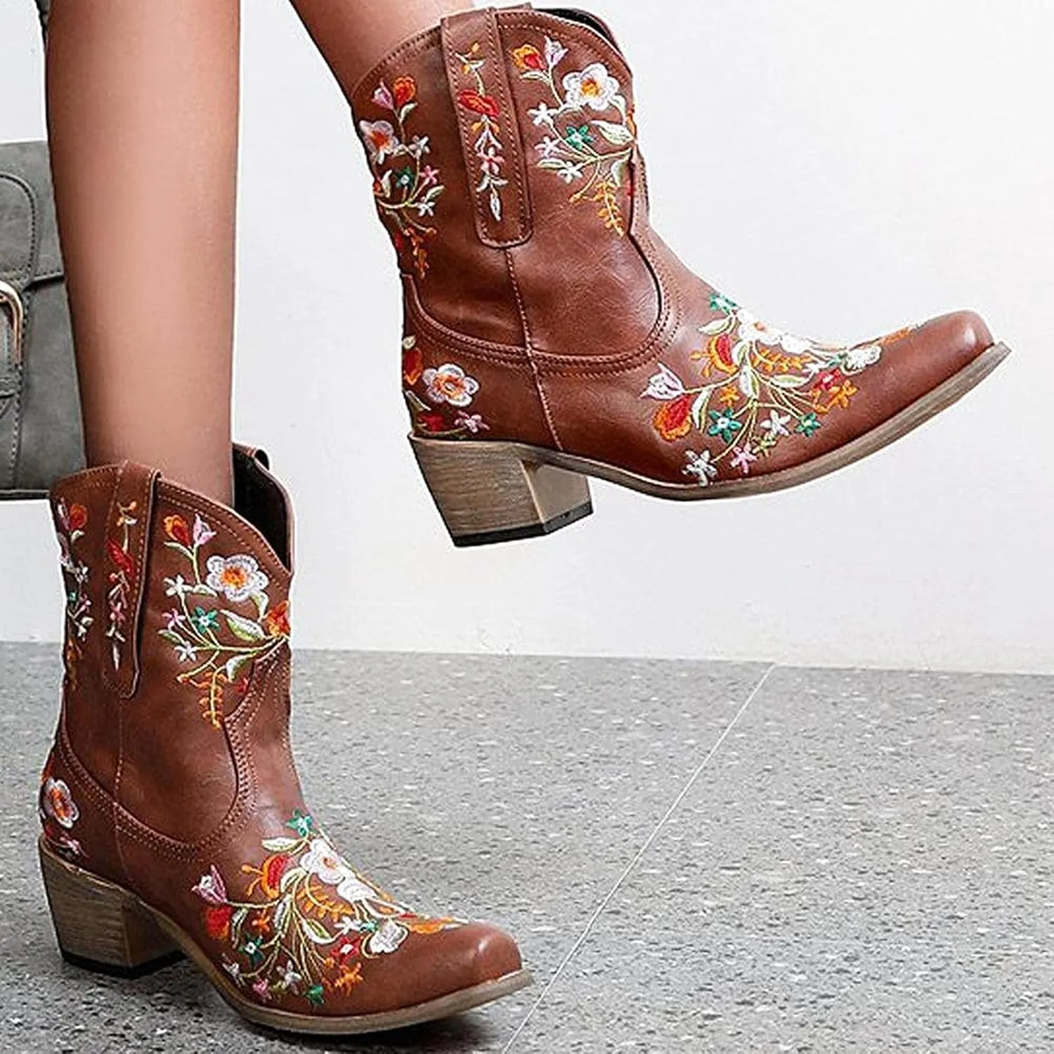 Boots for Women Fashion Embroidered Cowboy Soft Womens Boots PU Leather Short Heel Solid Color Cozy Ankle Boots