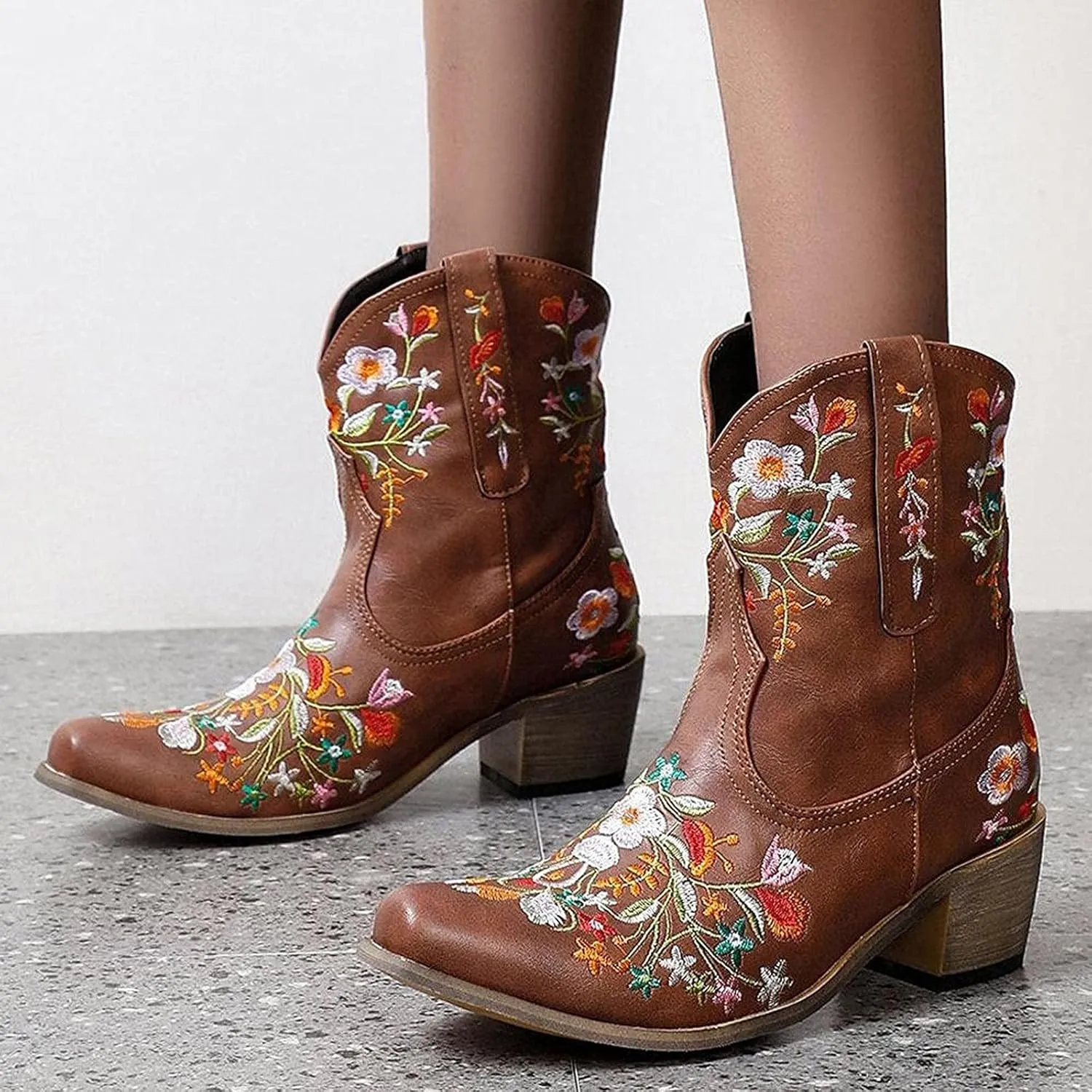 Boots for Women Fashion Embroidered Cowboy Soft Womens Boots PU Leather Short Heel Solid Color Cozy Ankle Boots