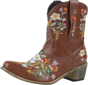 Boots for Women Fashion Embroidered Cowboy Soft Womens Boots PU Leather Short Heel Solid Color Cozy Ankle Boots