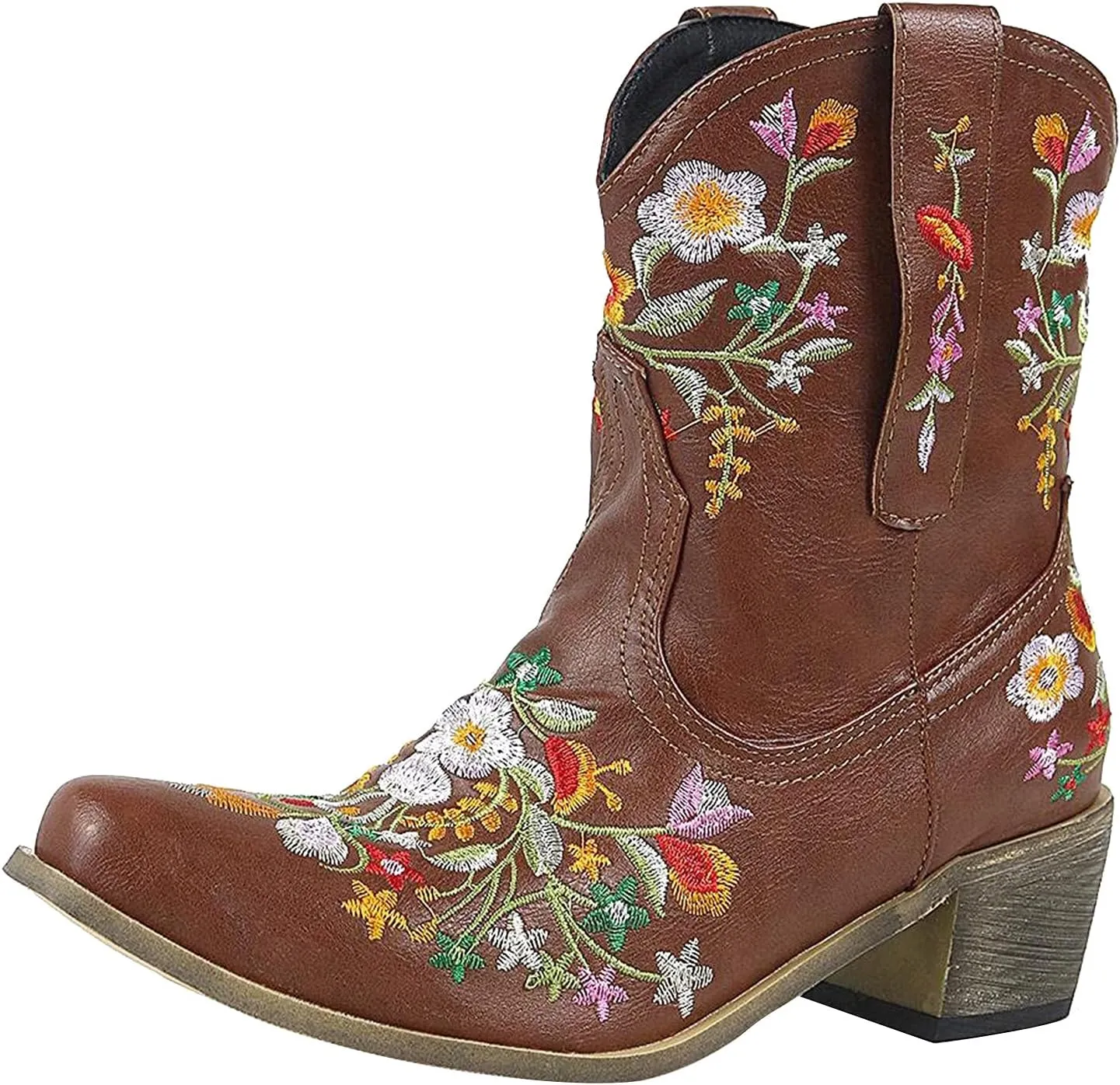 Boots for Women Fashion Embroidered Cowboy Soft Womens Boots PU Leather Short Heel Solid Color Cozy Ankle Boots