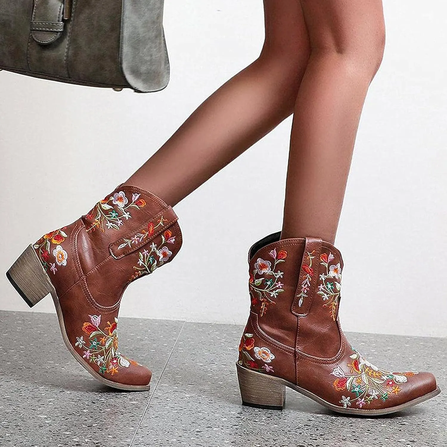Boots for Women Fashion Embroidered Cowboy Soft Womens Boots PU Leather Short Heel Solid Color Cozy Ankle Boots