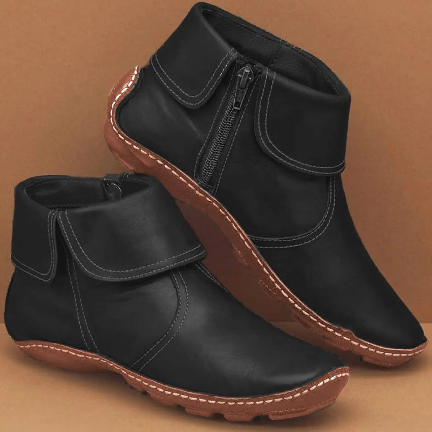 Boots for Women Retro Fashion Pleated Side Zipper Womens Boots Solid Color Flat Soft Sole Winter Boots for Women