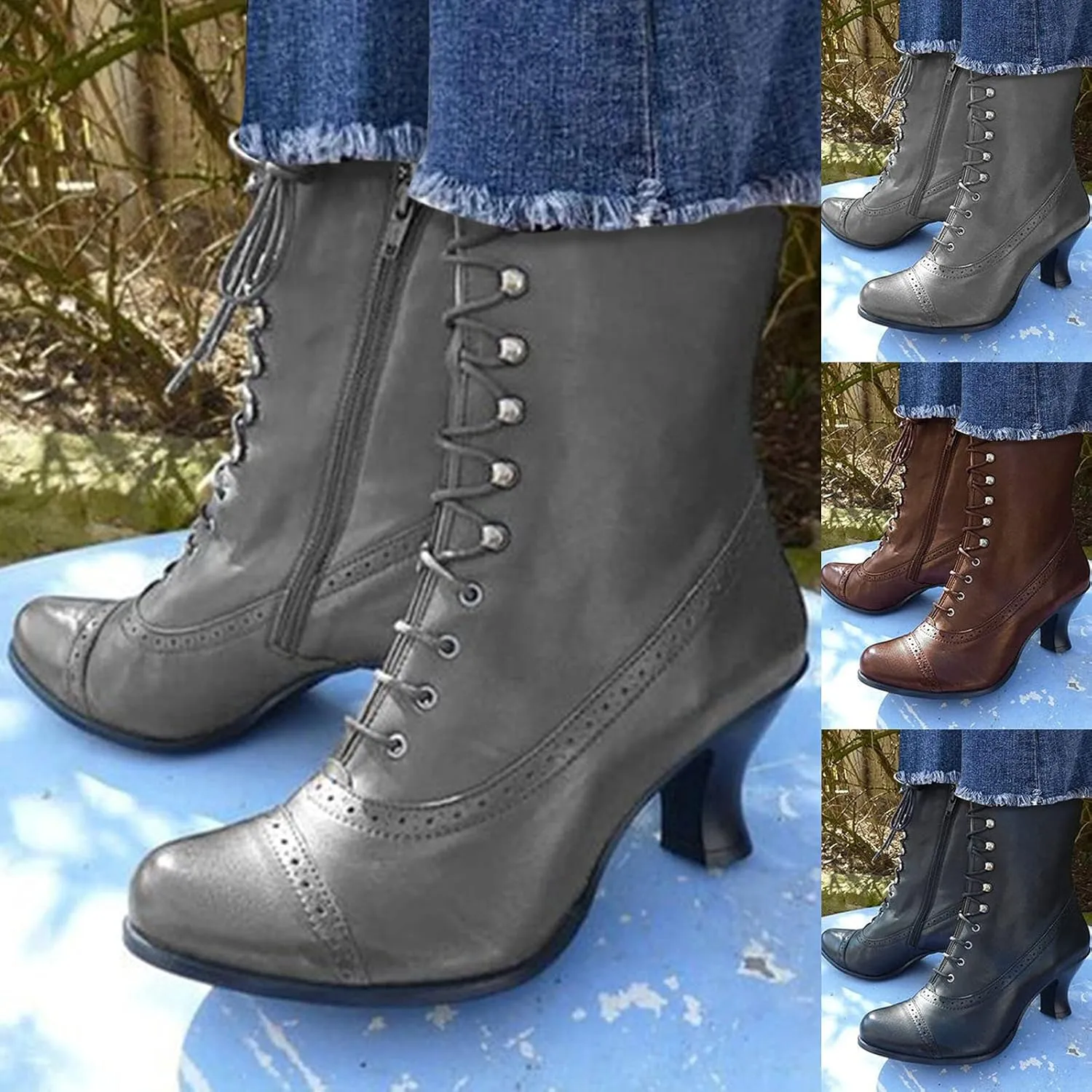 Boots for Women Retro PU Leather Lace Up Warm Womens Boots Non-slip Waterproof Short Heels Winter Boots for Women