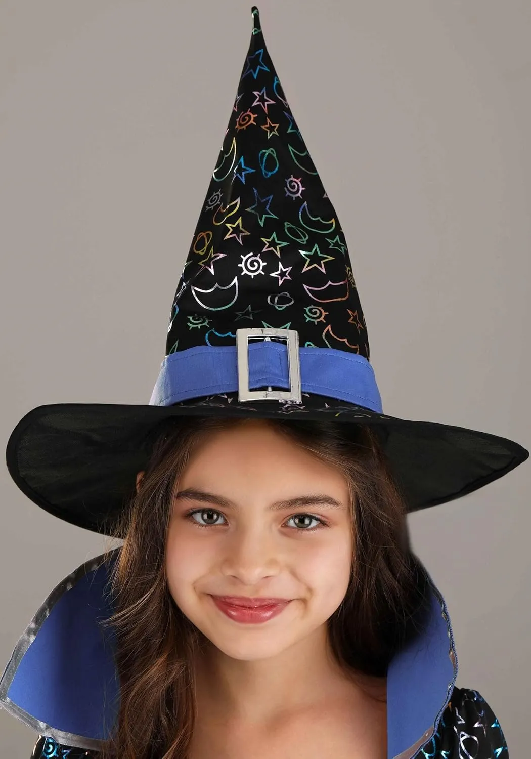 Celestial Blue Witch Girl's Costume | Enchanting Starry Cloak Dress and Hat Halloween Outfit
