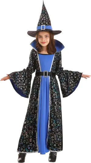 Celestial Blue Witch Girl's Costume | Enchanting Starry Cloak Dress and Hat Halloween Outfit