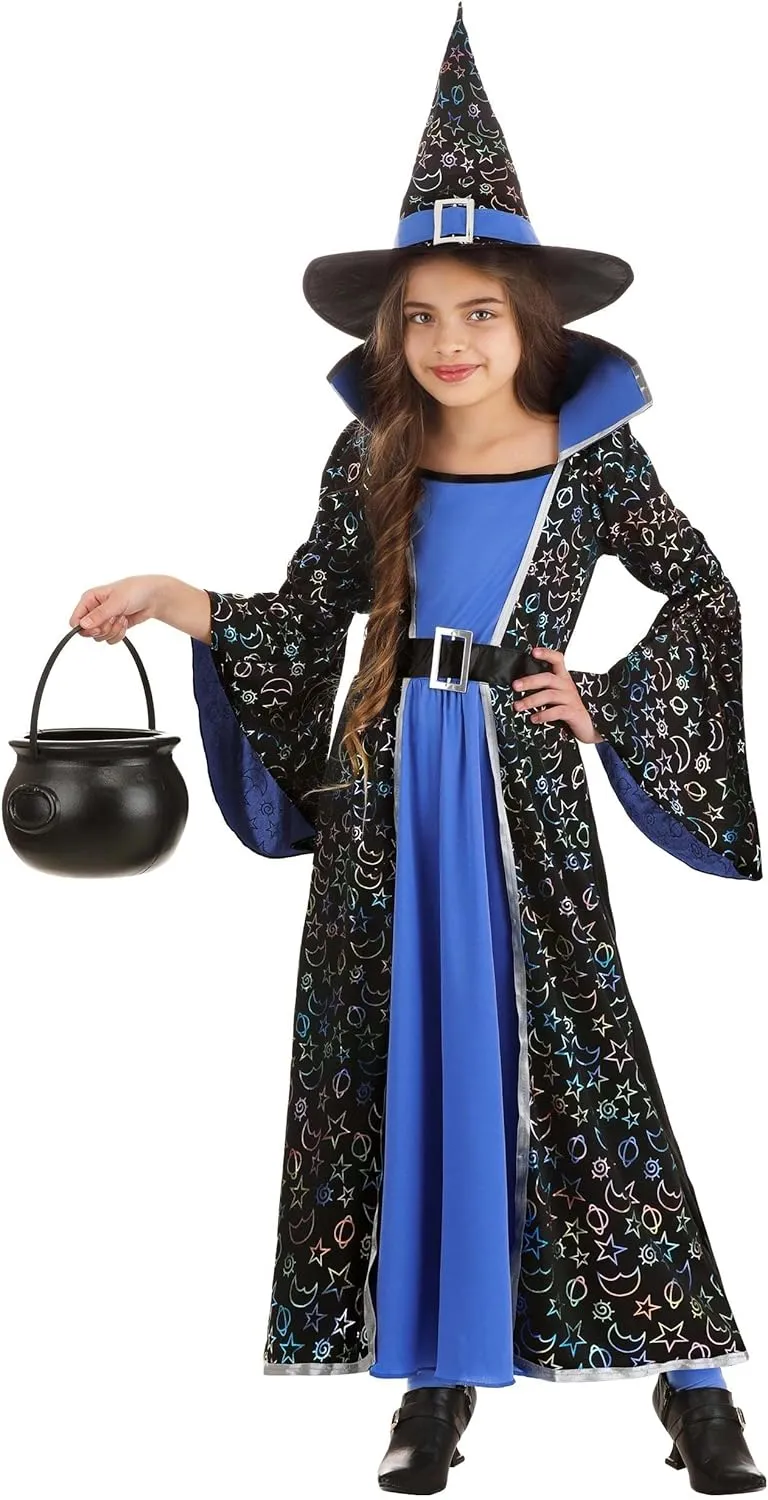 Celestial Blue Witch Girl's Costume | Enchanting Starry Cloak Dress and Hat Halloween Outfit