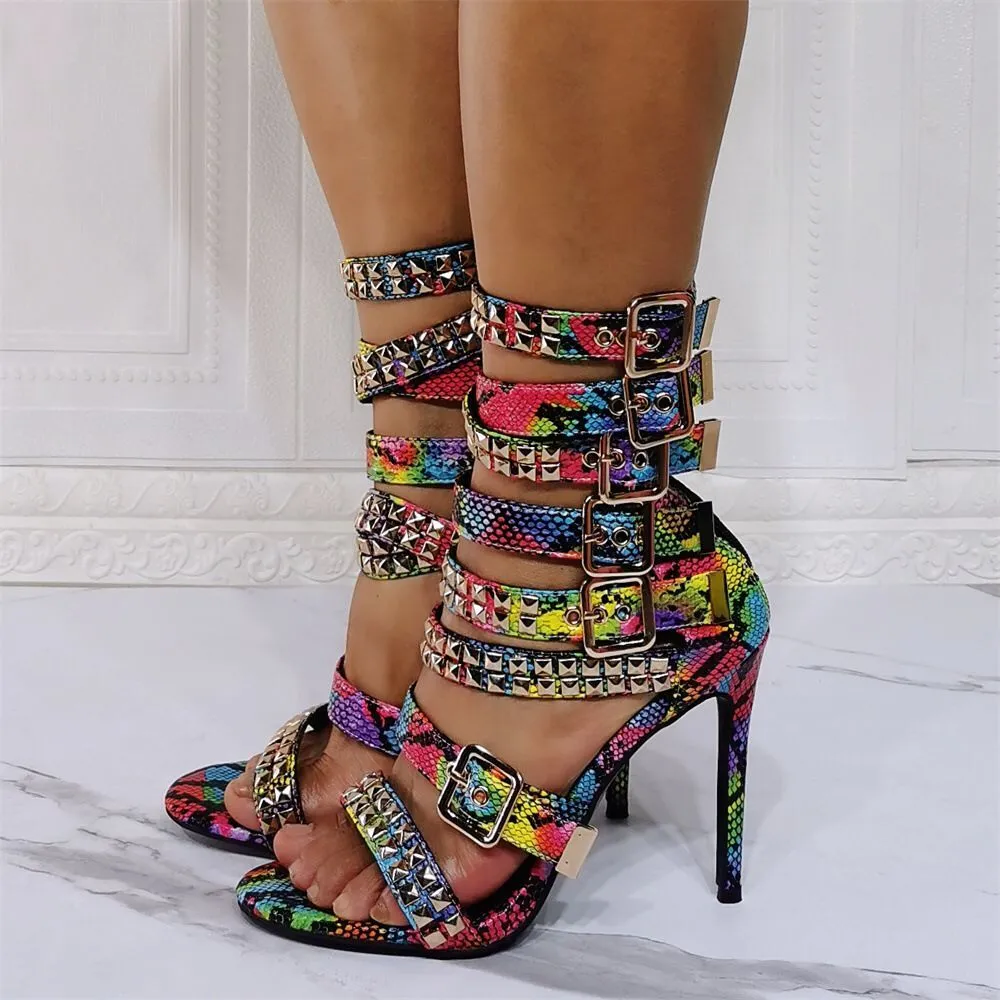 Colorized Snakeskin Cross Strappy Shoes Thin High Heel Peep Toe Buckle Sandals