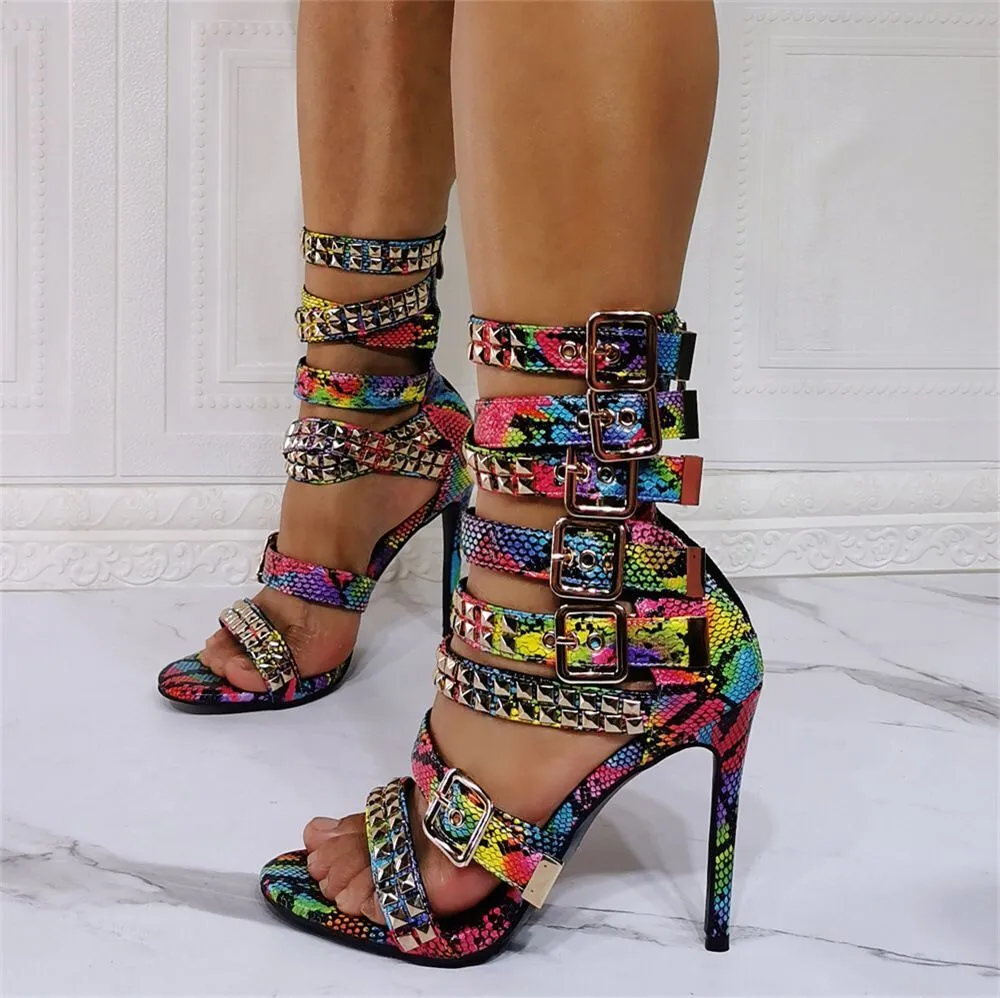 Colorized Snakeskin Cross Strappy Shoes Thin High Heel Peep Toe Buckle Sandals