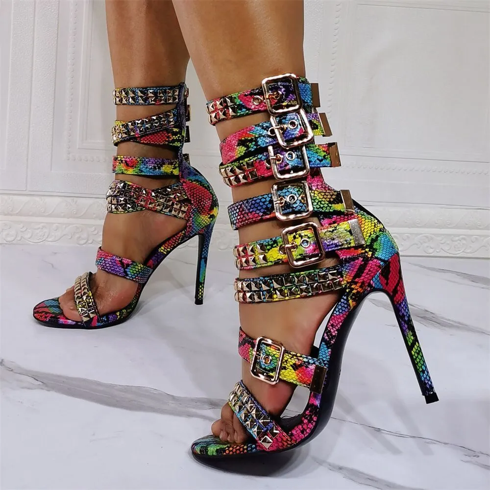 Colorized Snakeskin Cross Strappy Shoes Thin High Heel Peep Toe Buckle Sandals