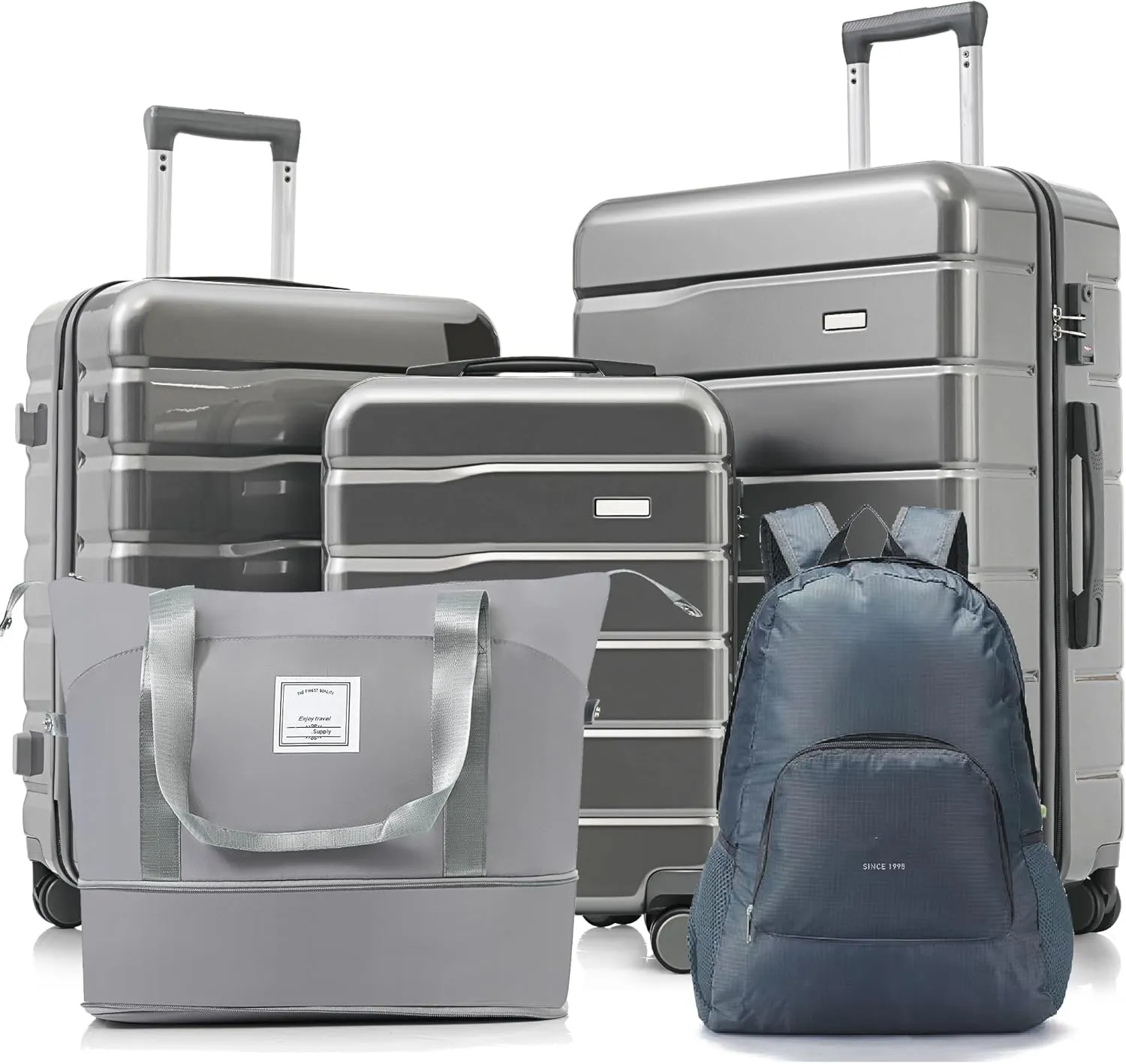 Complete 5-Piece Luggage Set with Expandable Duffel Bag & Foldable Backpack, 20"/24"/28" Suitcases, 360 Spinner Wheels, Grey