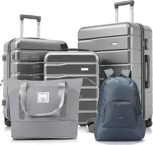 Complete 5-Piece Luggage Set with Expandable Duffel Bag & Foldable Backpack, 20"/24"/28" Suitcases, 360 Spinner Wheels, Grey