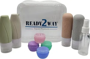 Complete Travel Bottle and Jar Set with Clear Toiletry Bag  2 BPA-Free Silicone Bottles of 3 oz and 2 of 2 oz, 4 Small Jars for Creams of 0.32 oz, 1 Travel Spray Bottle of 1.7 oz  TSA Approved