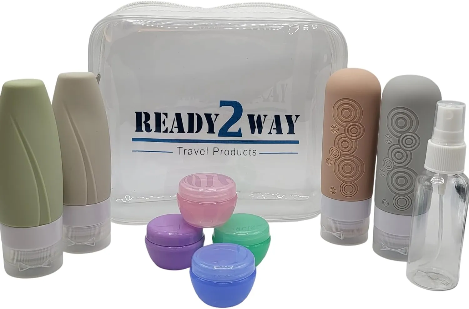 Complete Travel Bottle and Jar Set with Clear Toiletry Bag  2 BPA-Free Silicone Bottles of 3 oz and 2 of 2 oz, 4 Small Jars for Creams of 0.32 oz, 1 Travel Spray Bottle of 1.7 oz  TSA Approved