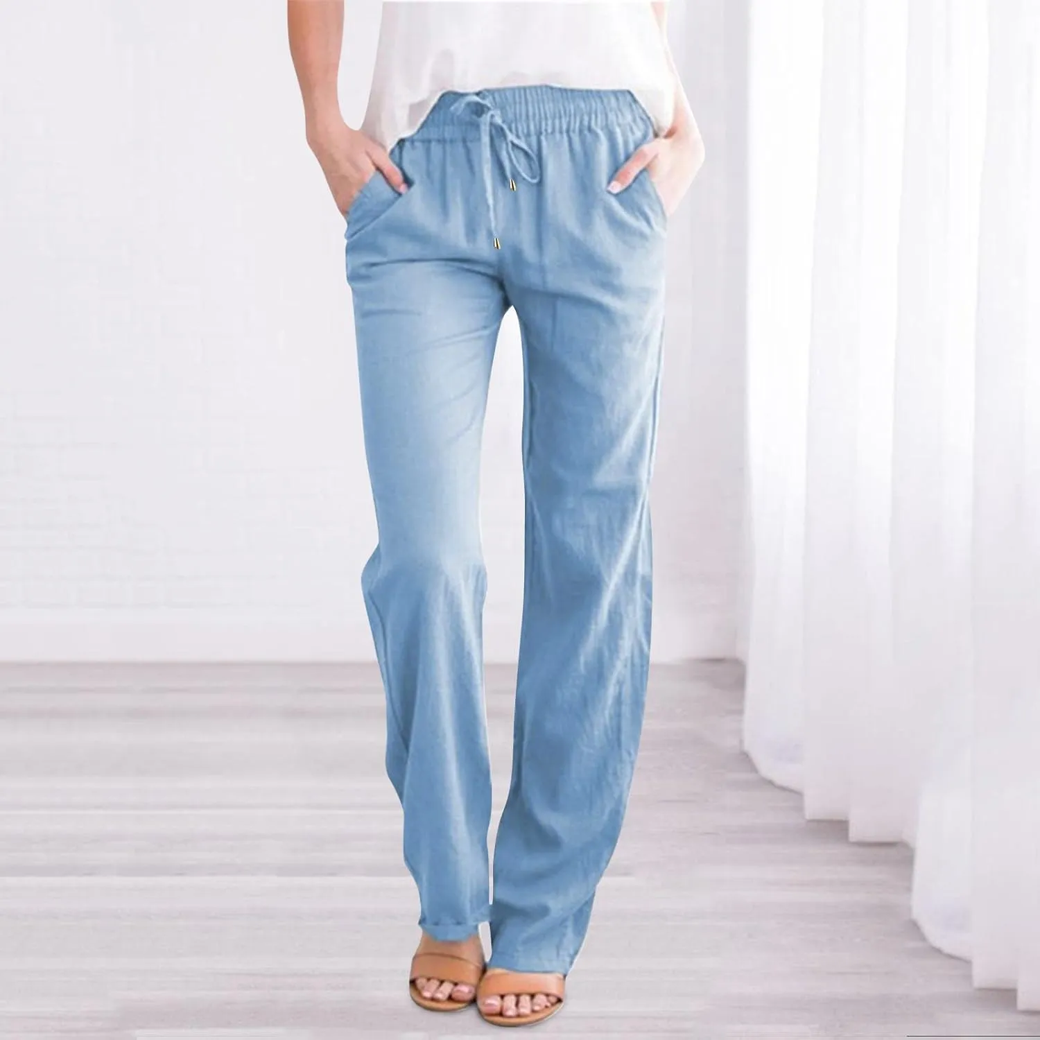 Cotton Linen Pants Women Breathable Comfy Cinch Bottom Casual Pants Summer Lightweight Baggy Trousers with Pockets