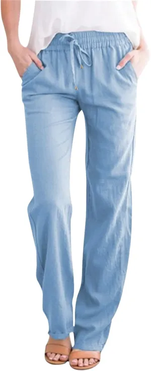 Cotton Linen Pants Women Breathable Comfy Cinch Bottom Casual Pants Summer Lightweight Baggy Trousers with Pockets