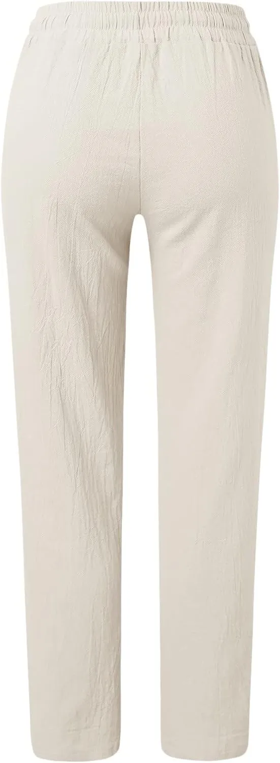 Cotton Linen Pants Women Breathable Comfy Cinch Bottom Casual Pants Summer Lightweight Baggy Trousers with Pockets