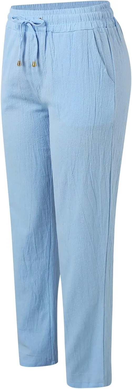 Cotton Linen Pants Women Breathable Comfy Cinch Bottom Casual Pants Summer Lightweight Baggy Trousers with Pockets