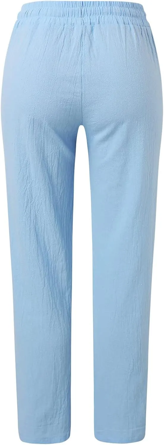 Cotton Linen Pants Women Breathable Comfy Cinch Bottom Casual Pants Summer Lightweight Baggy Trousers with Pockets