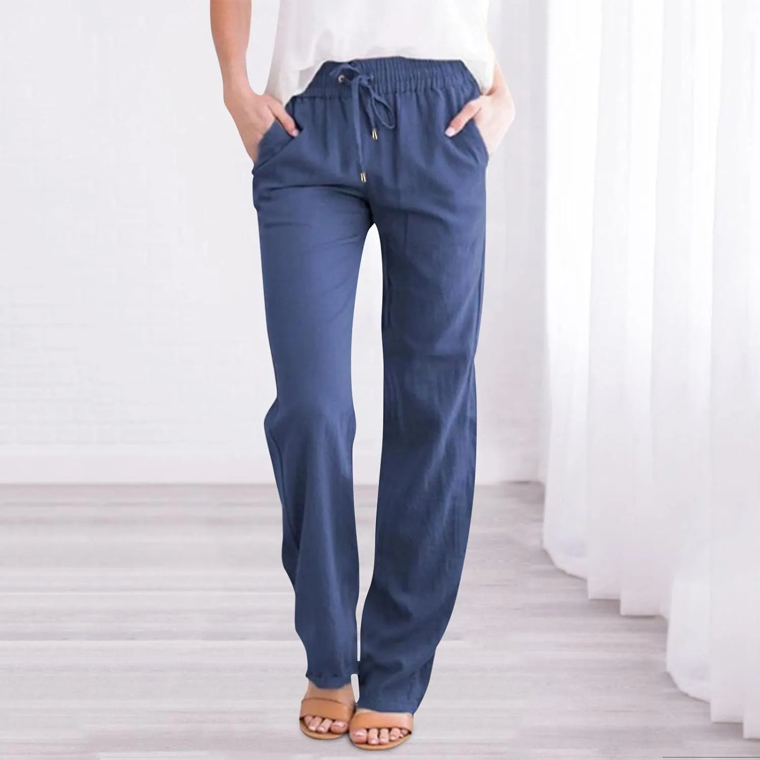 Cotton Linen Pants Women Breathable Comfy Cinch Bottom Casual Pants Summer Lightweight Baggy Trousers with Pockets