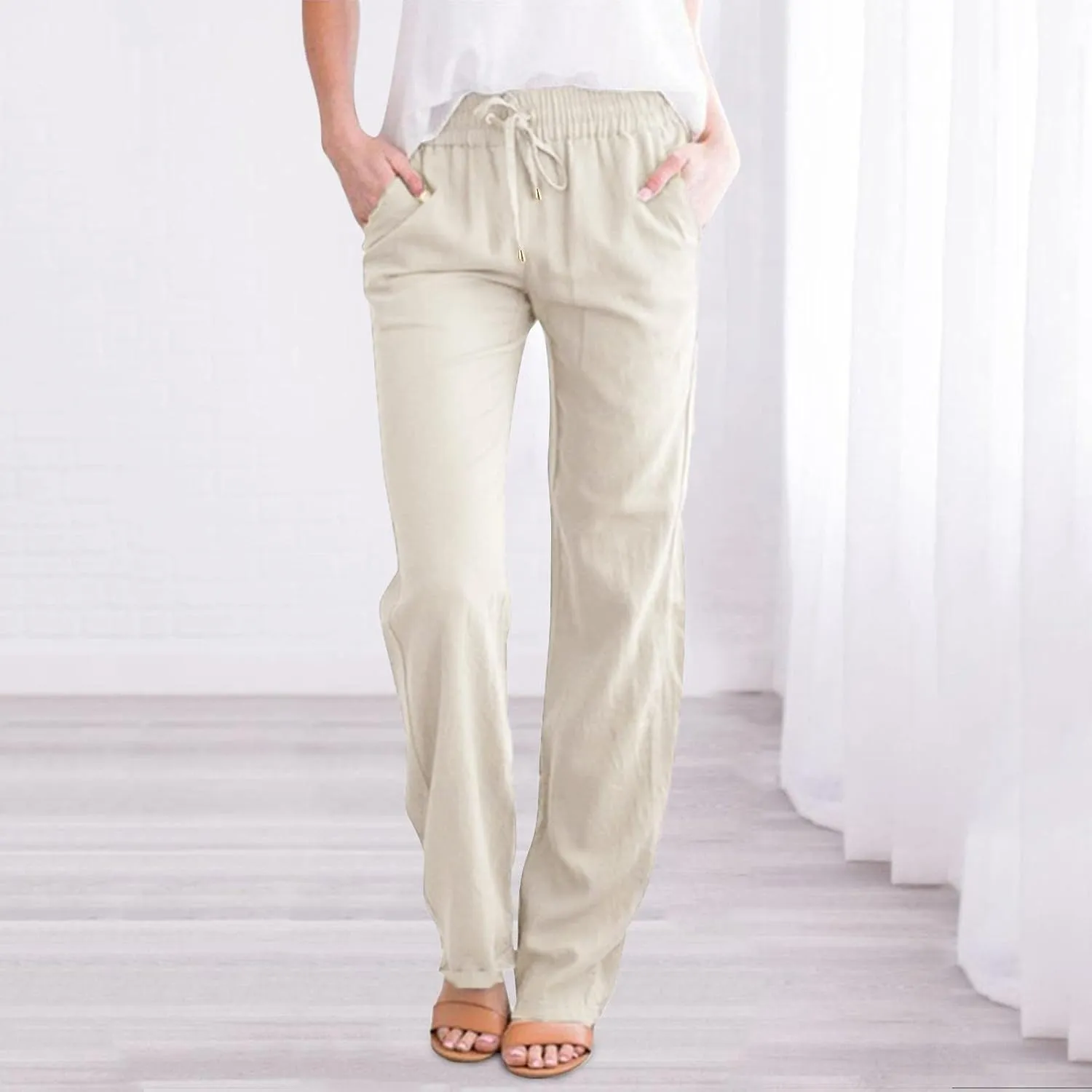 Cotton Linen Pants Women Breathable Comfy Cinch Bottom Casual Pants Summer Lightweight Baggy Trousers with Pockets