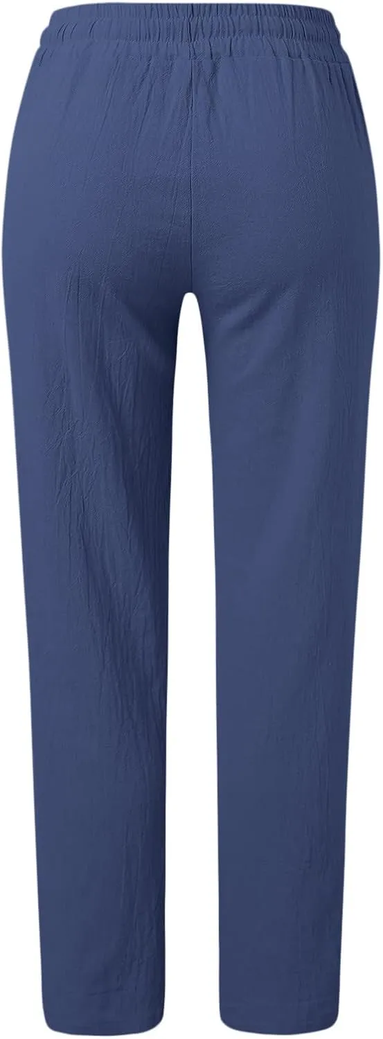 Cotton Linen Pants Women Breathable Comfy Cinch Bottom Casual Pants Summer Lightweight Baggy Trousers with Pockets