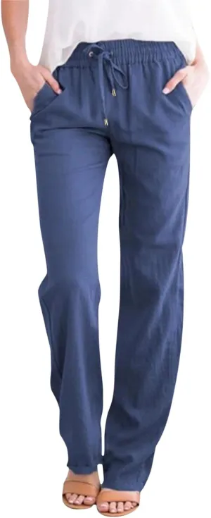 Cotton Linen Pants Women Breathable Comfy Cinch Bottom Casual Pants Summer Lightweight Baggy Trousers with Pockets