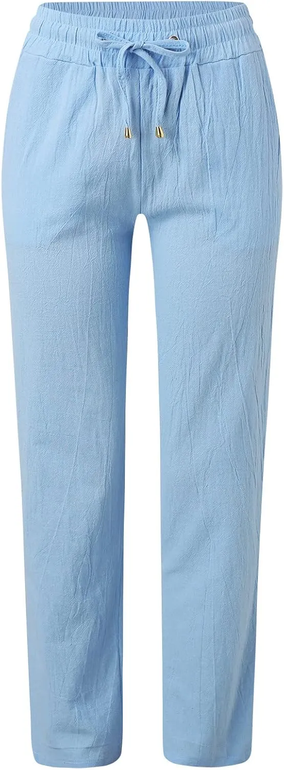 Cotton Linen Pants Women Breathable Comfy Cinch Bottom Casual Pants Summer Lightweight Baggy Trousers with Pockets