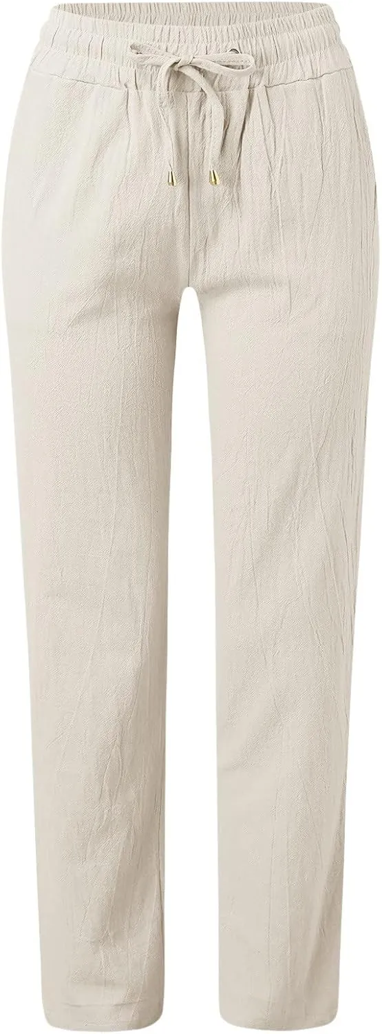 Cotton Linen Pants Women Breathable Comfy Cinch Bottom Casual Pants Summer Lightweight Baggy Trousers with Pockets