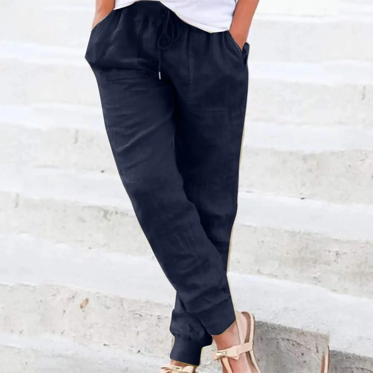 Cotton Linen Pants Women Summer Baggy Casual Lightweight Lounge Pants Drawstring Cinch Bottom Trousers with Pockets