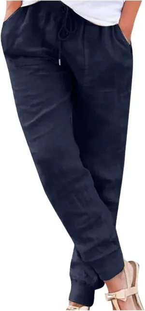 Cotton Linen Pants Women Summer Baggy Casual Lightweight Lounge Pants Drawstring Cinch Bottom Trousers with Pockets