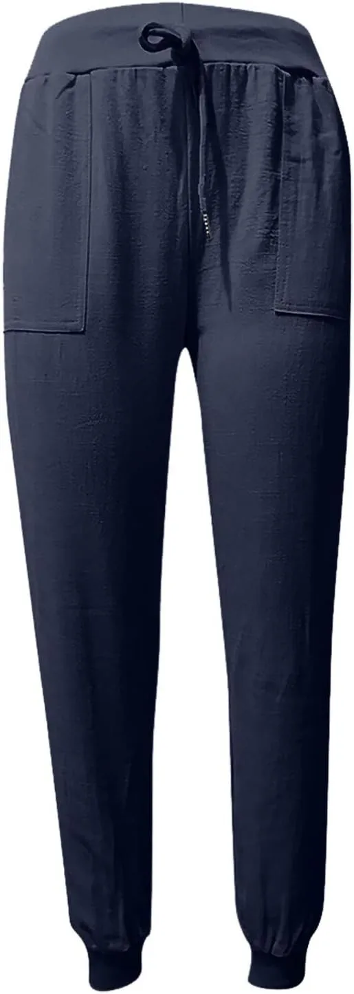 Cotton Linen Pants Women Summer Baggy Casual Lightweight Lounge Pants Drawstring Cinch Bottom Trousers with Pockets