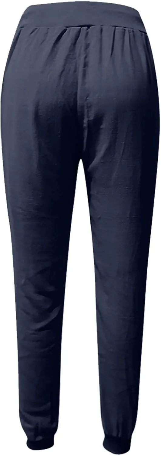 Cotton Linen Pants Women Summer Baggy Casual Lightweight Lounge Pants Drawstring Cinch Bottom Trousers with Pockets
