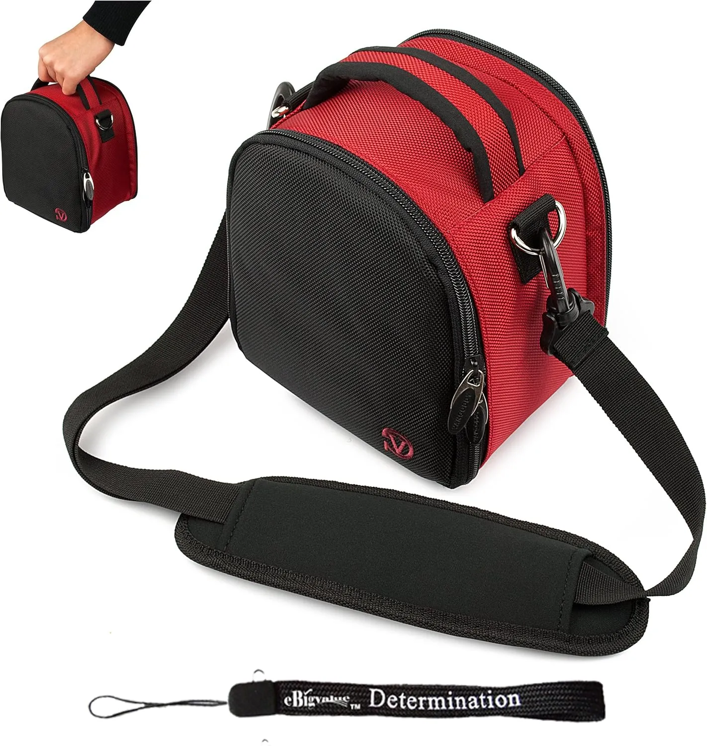 eBigValue Red Slim Holster Camera Bag Carrying Case For Compact sizes fitted for HP Ricoh CX4 CX5 G700 G700E GR Digital IV GXR Powershot Point and Shoot Digital Camera and Hand Strap