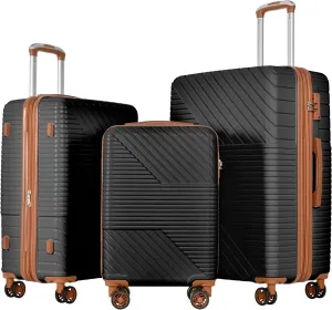 Expandable 3-Piece ABS Hardside Luggage Set with Double Spinner Wheels - Black & Brown (20", 24", 28")
