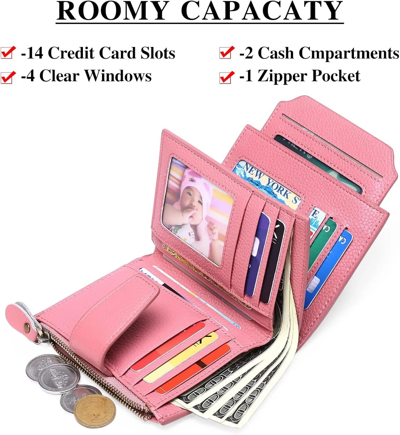 FALAN MULE Women's Genuine Leather Wallet, Compact Size, RFID Blocking, 14 Slots, 2 Zippered Pockets, 2 Bill Compartments, Includes Coin Pouch, Card Holders, AY-Lichee Pink
