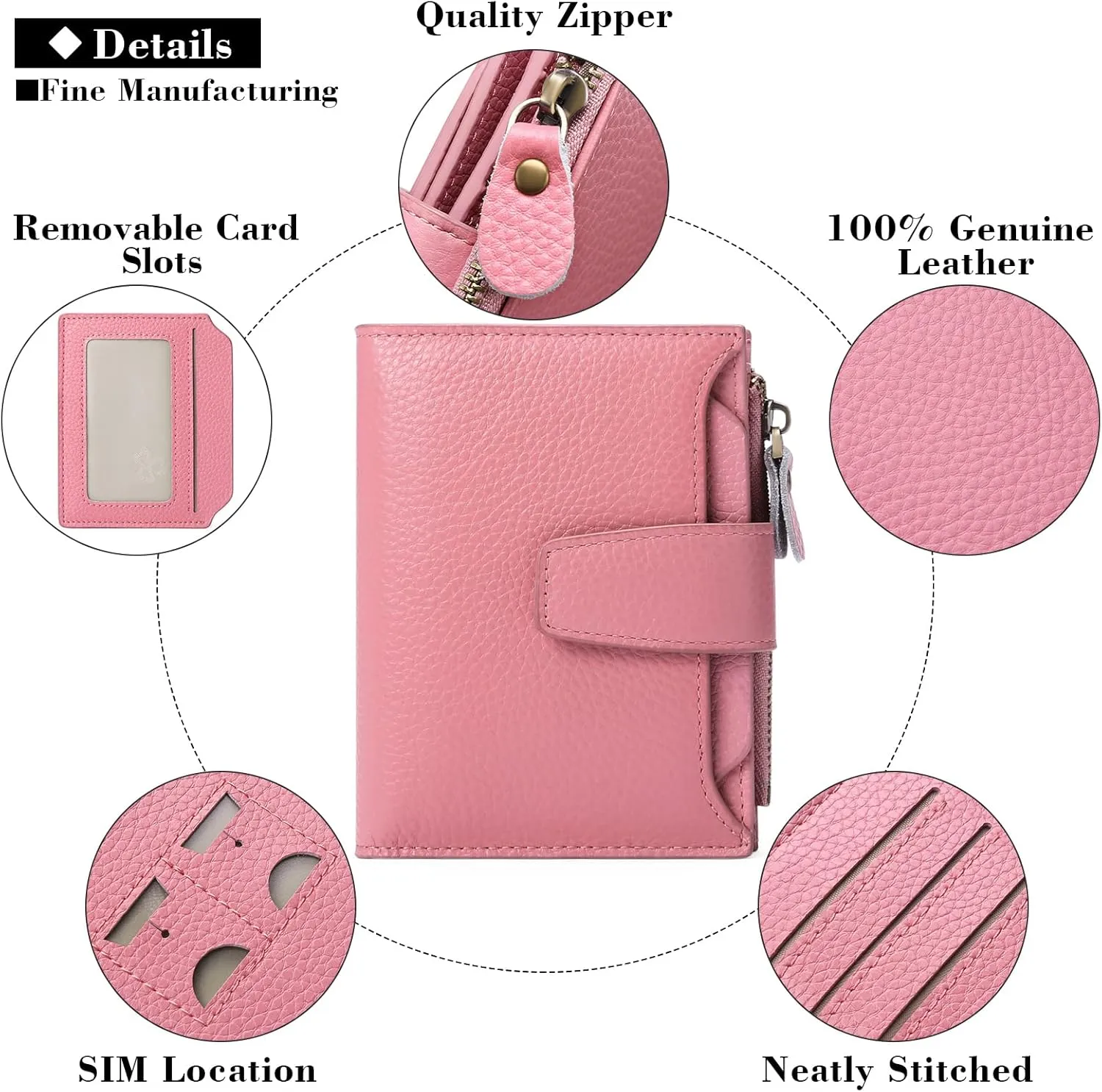FALAN MULE Women's Genuine Leather Wallet, Compact Size, RFID Blocking, 14 Slots, 2 Zippered Pockets, 2 Bill Compartments, Includes Coin Pouch, Card Holders, AY-Lichee Pink