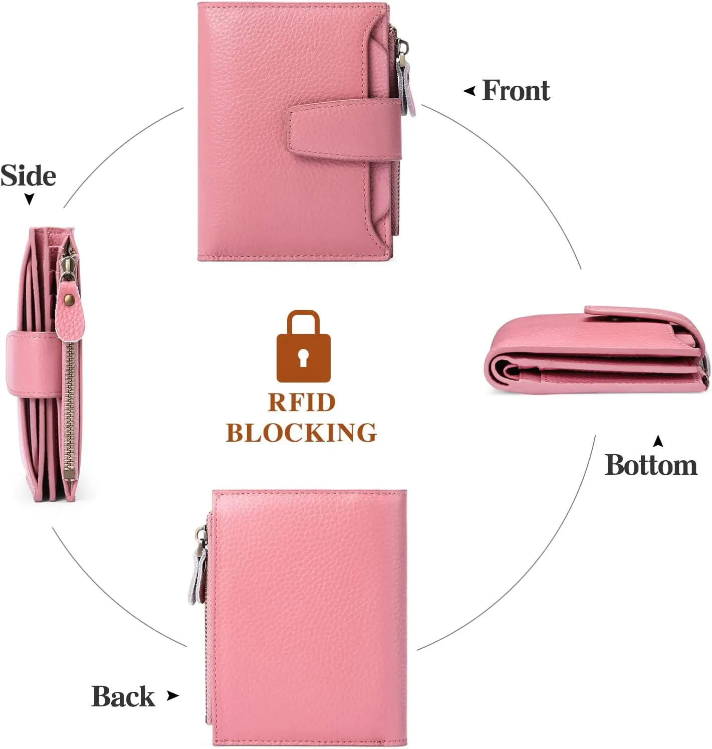 FALAN MULE Women's Genuine Leather Wallet, Compact Size, RFID Blocking, 14 Slots, 2 Zippered Pockets, 2 Bill Compartments, Includes Coin Pouch, Card Holders, AY-Lichee Pink
